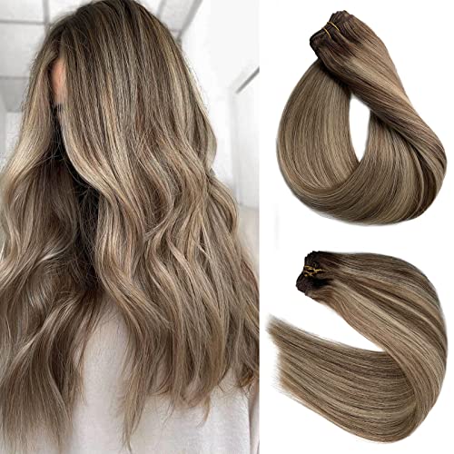 Hair Extensions Human Hair Bundles Blonde Balayage Sew in Extensions Real Human Hair Brown Roots to Ash Brown with Bleach Blonde Highlighted Hair Weft Extensions 22 Inch 120grams