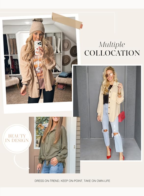 Image of Dokotoo Womens Waffle Knit Shacket Jacket Casual Button Down Shirts Tops | Long Sleeve,Loose Fit,Boyfriend Style,Collared V Neck,Fall Cardiga,Outwear with Pockets