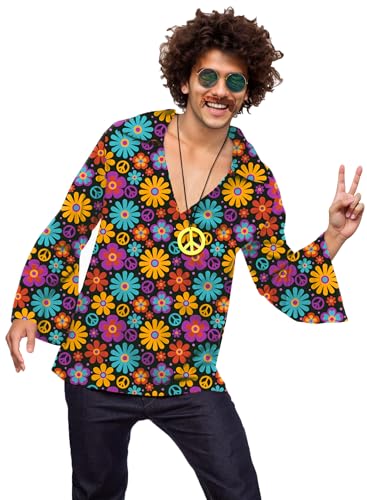 Mainfini Men 1970s Disco Costum V Neck Floral Printed...