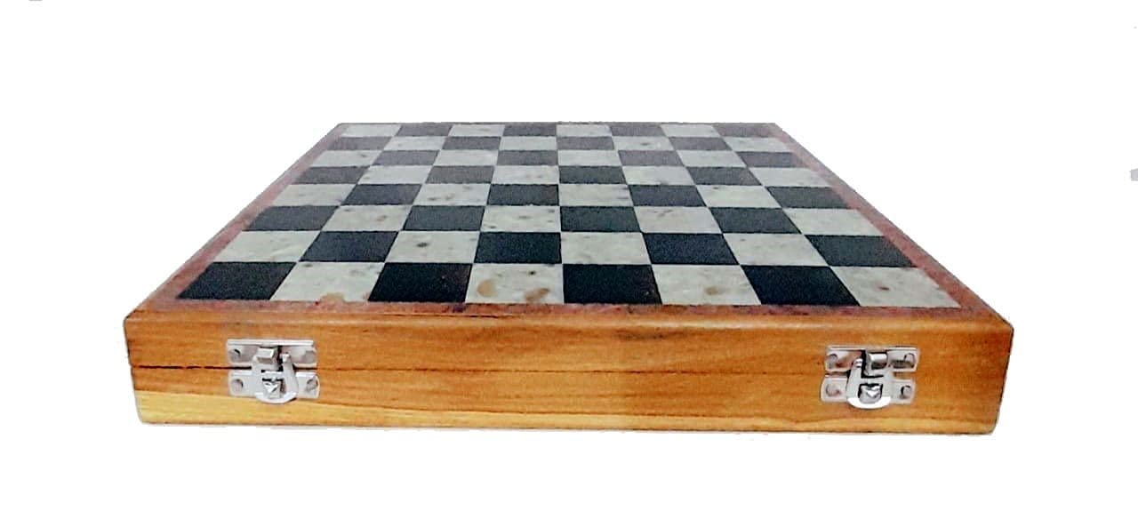 Ornate International Chess Board Wooden Box in Marble Stone Size in Centimeter 40x40x5 Weight 4000 GMS Rani 11 CMS RAJA 10 CMS Camel 9.5 CMS Hours 8.5 CMS Elephant 7 CMS PIYADA 6 CMS