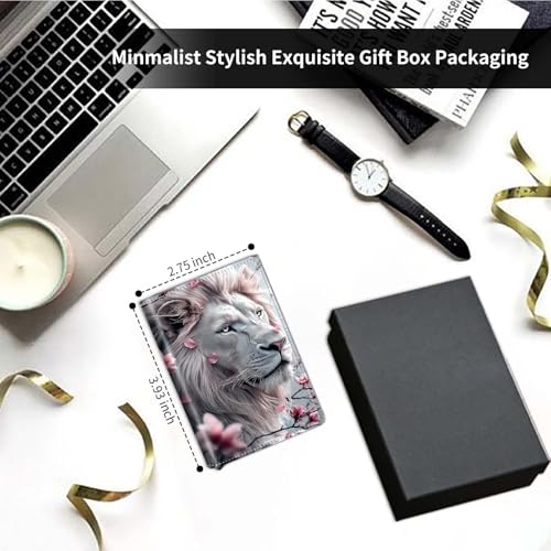 Pop Up Wallet Women Men with Money Slot,RFID Blocking Leather Minimalist Automatic Credit Card Holder Business Trifold Card Case-Cherry Blossom Lion3