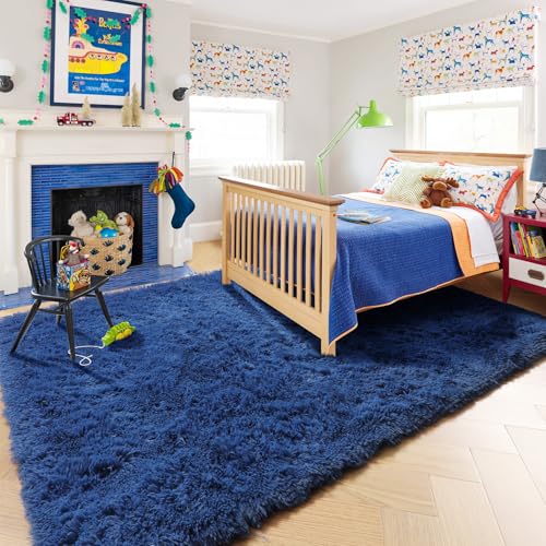 Amdrebio Navy Blue Area Rugs for Boys Bedroom, 5x8 Shag Fluffy Furry Plush Rug for Kids Room, Living Room Decor Aesthetic, Cool Royal Dark Blue Carpet for Baby Nursery Classroom Office Dorm Playroom
