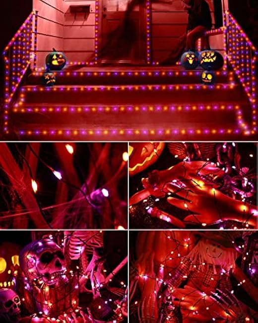 Brizled Purple & Orange Halloween Lights, 2 Pack 17.38ft 50 LED Battery Operated Halloween Lights with Timer, 8 Modes Halloween String Light Black Wire, Halloween Lighting Indoor Outdoor Spooky Decor