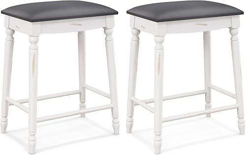 Giantex Juego de 2 taburetes de bar de 24 pulgadas de altura de mostrador con asiento acolchado, patas de madera de goma, reposapiés y superficie