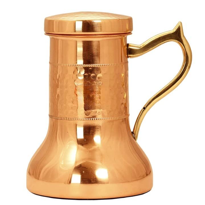 YRK Copper Designer Hammered & Smooth Bedroom Bottle with Brass Handle jug | Bottle with Built-in Glass1100 ML
