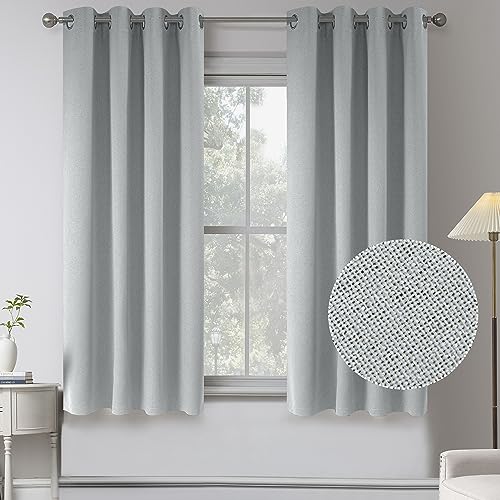 Linen Texture 100% Blackout Curtains for Boys Room,Thermal Insulated Entryway Cottage Decor Curtains - Kitchen Bathroom Waterproof Grommet Top Short Curtains(2 Pcs,W52 x L54 Inch Long,Light Grey)