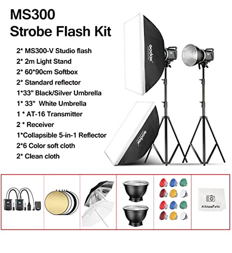 Godox 2pcs MS300V 600W Studio Strobe Flash Light Kit,2.4G Bowens Mount Lighting Flash GN58 5800K with AT-16 Trigger,Light Stands,Softboxes,Umbrella,Reflector,Carry Bag for Portrait Product Photography