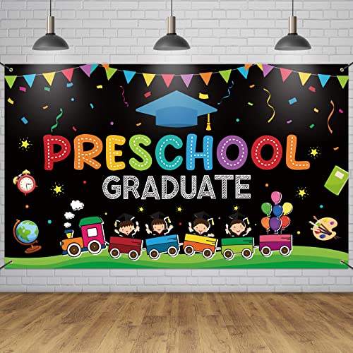 Image of Large Preschool Graduation Party Banner Decorations 72x44 Inch, Kindergarten Graduate Banner Flag Photography Background for Kids Class of 2023 Ceremony Congratulations Grad School Prom Supplies