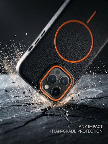 Image of amazon basics Luxury MagSafe Compatible Leather Texture Back Cover for iPhone 16 Pro | Raised Camera Protection | Slim Fit Shockproof Case with Metallic Accents (Black)