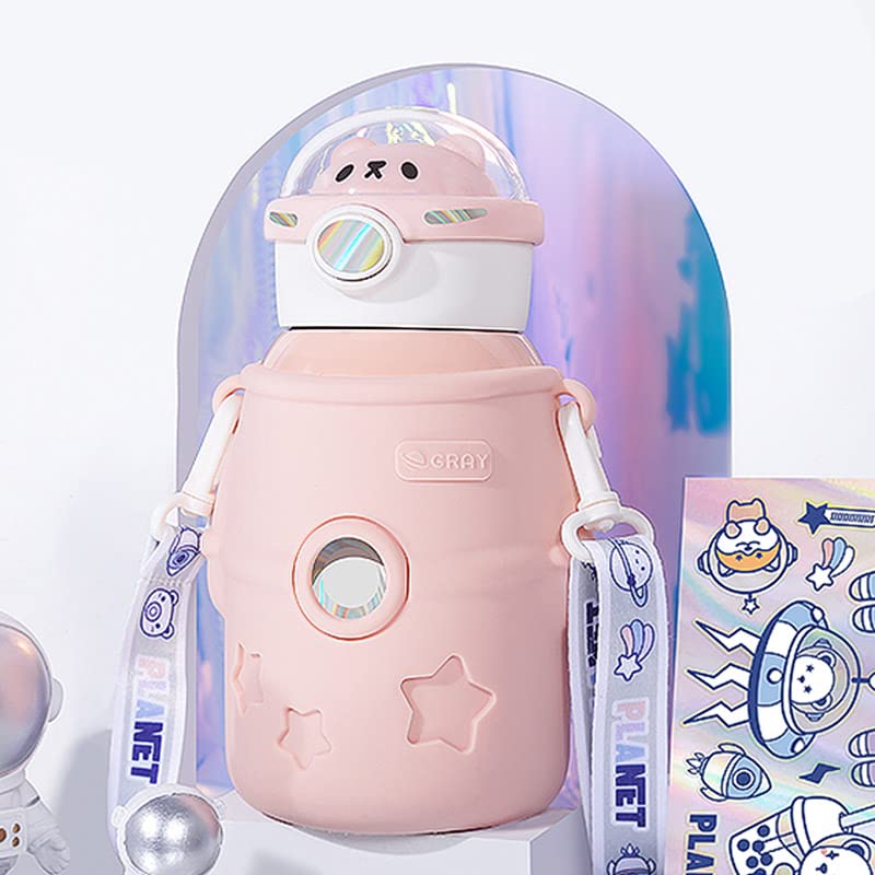 Borraccia Kawaii A Forma Di Orso 720 Ml Con Cannuccia E Adesivi 3D – Bottiglia Estetica Per Bambini (Viola)