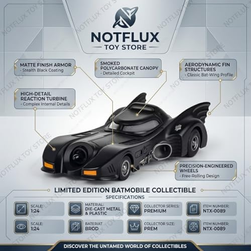 Image of 1:24 Black Batmobile - Pull-Back Alloy Supercar with Lights, Sound & Smoke - Dashboard & Collectible Model for Kids & Adults (Pack of 1)