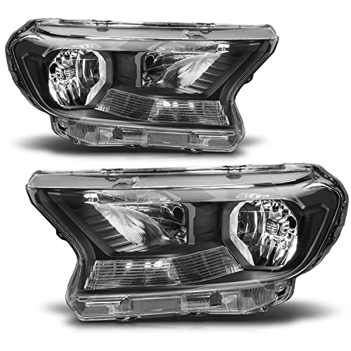 M-AUTO Black Housing Clear Corner Headlight Assembly Replacement for 2019 2010 2021 Ford Ranger XL XLT, OE Style Headlamps for Left Driver and Right Passenger