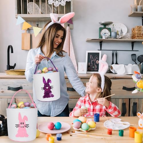 Image of Huaerle 2 Pack Easter Bunny Basket Bags for Kids,Easter Bunny Basket Egg Bags, Easter Egg Hunt Basket with Handle,Canvas Fluffy Tails Rabbit Bags Buckets for Party Gifts(Pink+Purple)