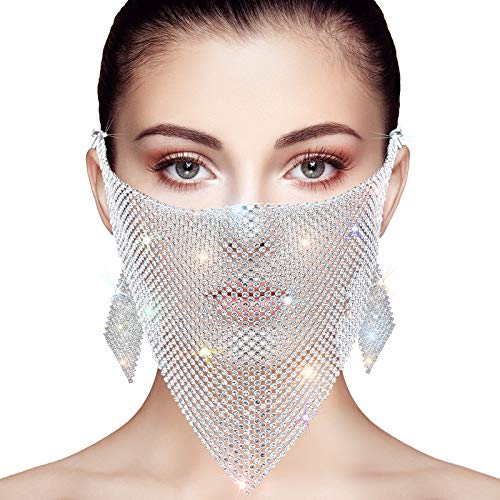 BBTO Rhinestone Crystal Masquerade Face Covering, Rhinestone Necklace Jewelry with Glittery Rhinestone Dangle Earrings for Women, Wedding, Halloween Party (Silver)