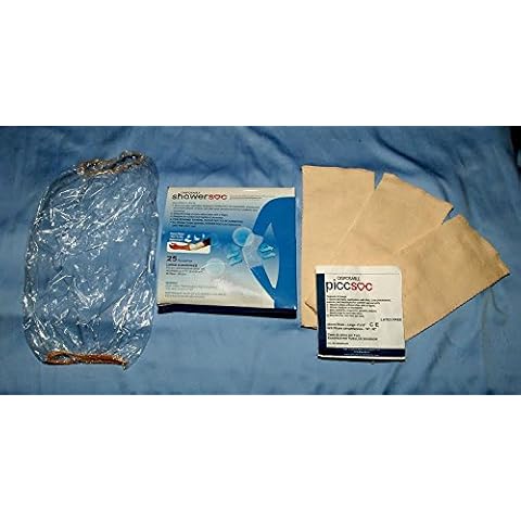 Picc Line Shower Dressing Sleeve Cover - 2 item PACK - LARGE - 25 Waterproof ShowerSOC's, 3 PICC SOCS - Fits 17-22" Bicep-Knee-Arm - Protector for Chemotherapy, Infusion and Tattoos Cover