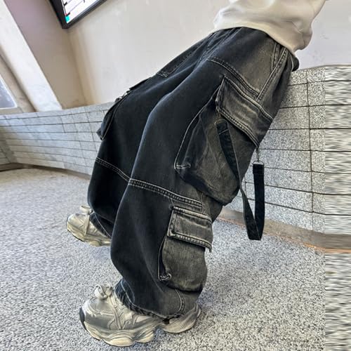Boys Cargo Denim Pants Straight Wide Leg Vintage Baggy Streetwear Jeans Elastic Waisted Cool Multi Pockets Trousers2