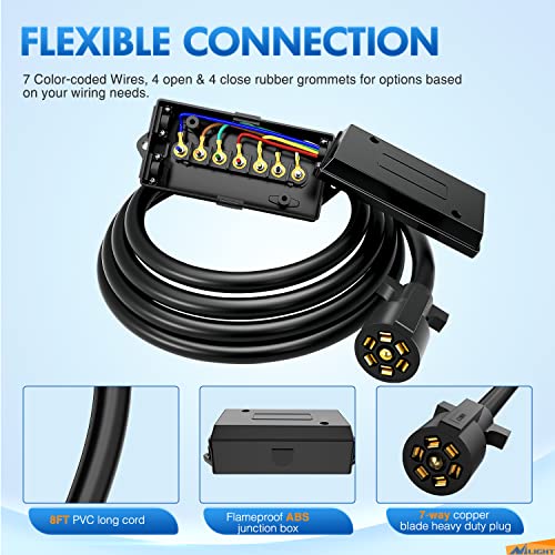 Image of Nilight Heavy Duty 7 Way Inline Trailer Plug Extension 8FT w /Junction Box | Waterproof 7Pin RV Round Wiring Harness Extend Vehicle and Trailer Side Towing Car Color Coded for Campers Caravans Vans