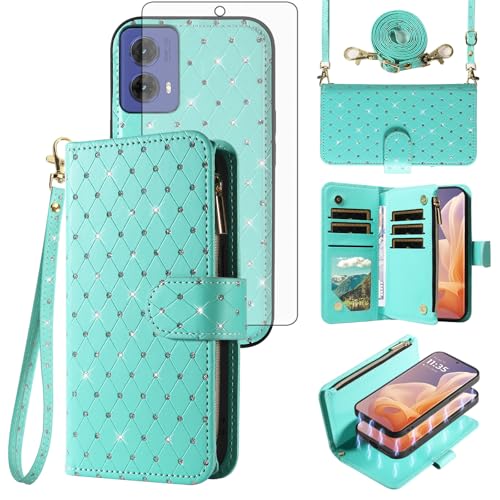 Étui portefeuille Moto G85 5G bleu pailleté avec porte-carte femme