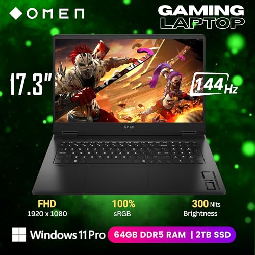 Image of HP OMEN AI Gaming Laptop, 17.3 144Hz FHD Display, AMD Ryzen AI 9 365(>i9-13900H), GeForce RTX 5060, Copilot, RGB Backlit Keyboard,1080p Webcam, WiFi 6E, Windows 11 Pro, Black(64GB DDR5 RAM | 2TB SSD)
