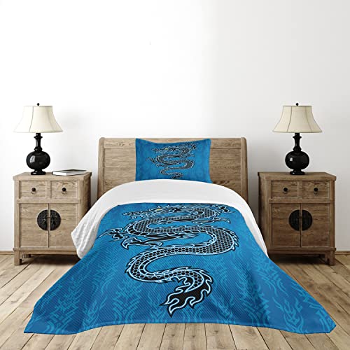 Ambesonne Japanese Dragon Bedspread, Black Dragon On Blue Tribal Background Year Of The Dragon Themed Art, Decorative Quilted 2 Piece Coverlet Set With Pillow Sham, Twin Size, White Black #TOP1