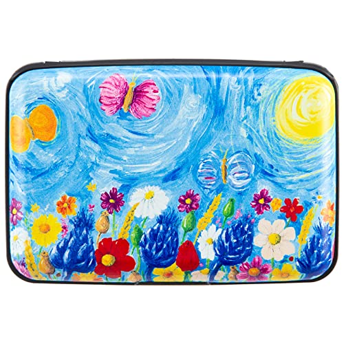 Kaabao Porta-cartão de crédito pequena carteira com bloqueio de RFID para negócios de metal fino mini capa rígida de alumínio para mulheres e homens presente, Prado cheio de flores coloridas, P