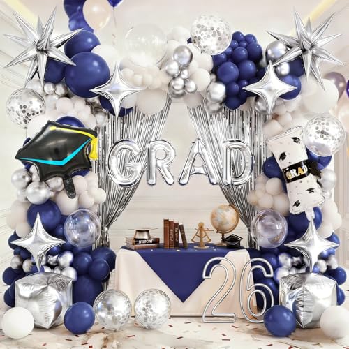 Graduation Balloon Arch Kit 2026 Navy Blue Silver 194pcs