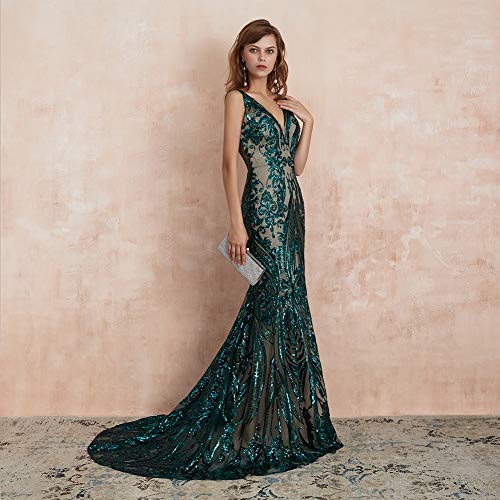 Women's Sequin V neck Mermaid Prom dress Sleeveless pageant Trumpet Evening dress Celebrity Gowns3