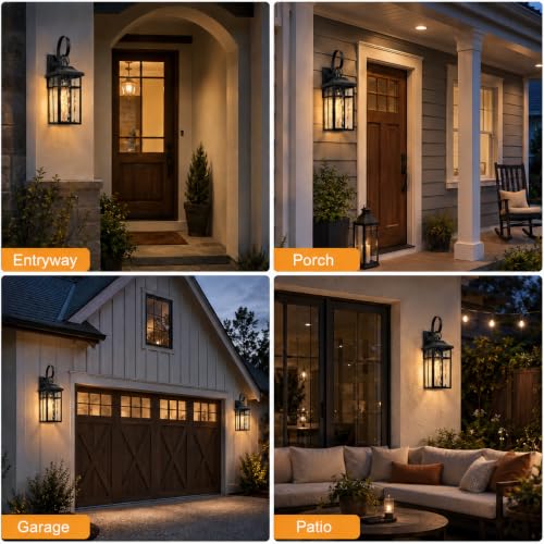 Image of 2 Pack Dusk to Dawn Outdoor Wall Lights, 19 inch Black | Exterior Wall Mount Light Fixtures with Water Ripple Glass, Waterproof Outside Wall Sconces for Garage Patio Entryway