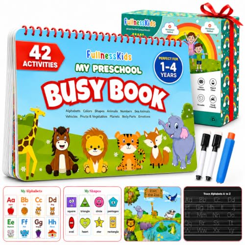 Image of FullnessKids 40+ Activities Busy Book for Toddlers 1-5 Years | Montessori Busy Binder & Preschool Learning Toy | Reusable Velcro & Wipe-Clean Pages | Fine Motor Skills, Sensory Play, School Readiness & Travel Activity Book | Gift for Boys & Girls