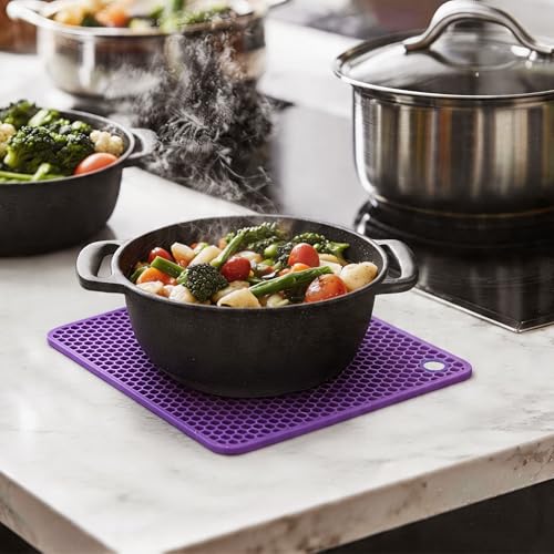 Image of Silicone Trivet Mats,Heat Resistant Pot Holders, Multipurpose Non-Slip Hot Pads for Kitchen Potholders, Hot Dishers, Jar Opener, Spoon Holder, Food Grade Silicone(Purple Size Square 7.1''x7.1'')