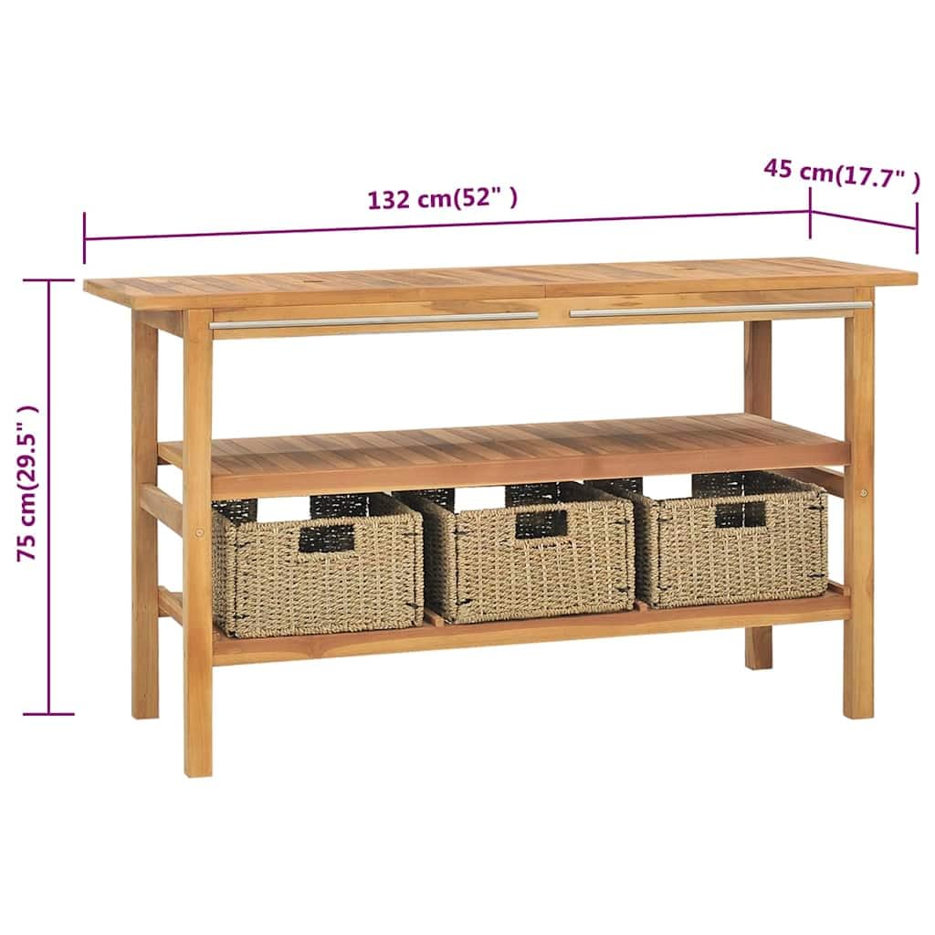 Umywalka z 3 koszami, lite drewno tekowe, 132 x 45 x 75 cm, mebel łazienkowy, miejsce do przechowywania, komoda do przechowywania, szafka wisząca, szuflada, drzwi, półka, montaż ścienny