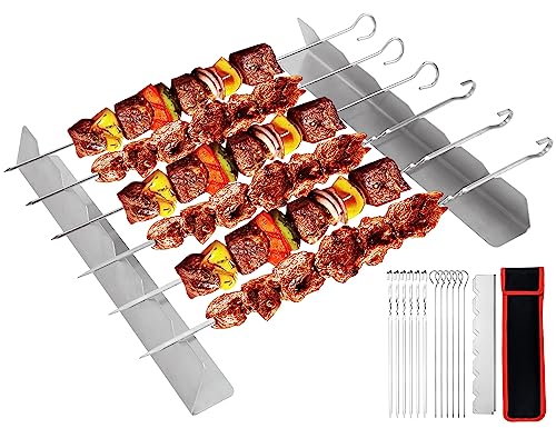 AWCIGG® Grillspieße Grillgestell Set, 12 Stück Edelstahl Spieße + Grillspießhalterung, Fleischspieße Halterung für Gasgrill & Holzkohlegrill, Universelles Grill Skewers Grillzubehör