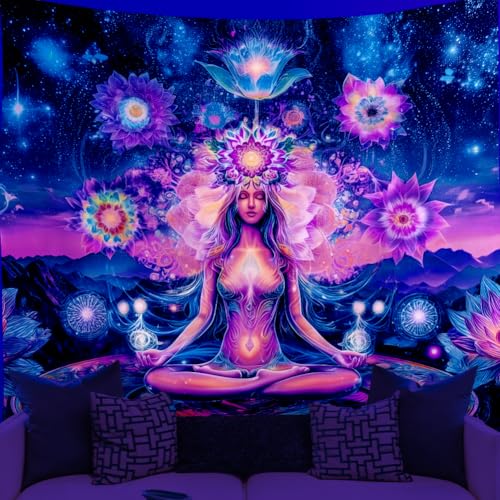 WEBEEDY Black Light Seven Chakra Spiritual Wall Tapestry UV Reactive Boho Lotus Yoga Meditation Tapestry Galaxy Space Planet Poster Wall Hanging for Bedroom College Dorm Zen Decor (150x130cm)