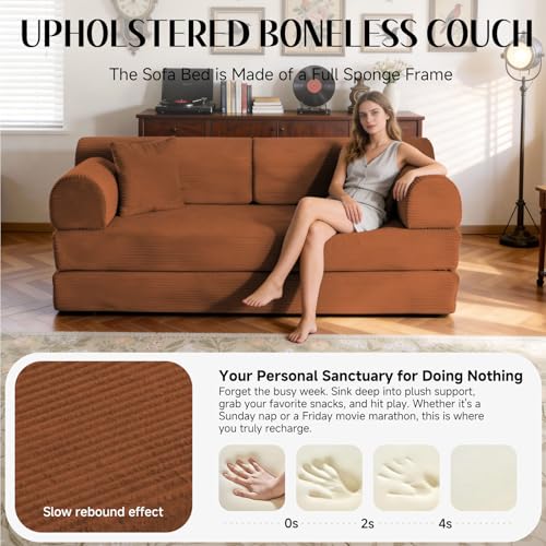 Image of 79'' Convertible Sofa Bed, 6 in 1 Folding Floor Futon Couch Sleeper with Fixed Frame, Corduroy Modular Sofa Bed with Removable Armrests & Pillows, No Assembly for Living Room Bedroom (Orange)