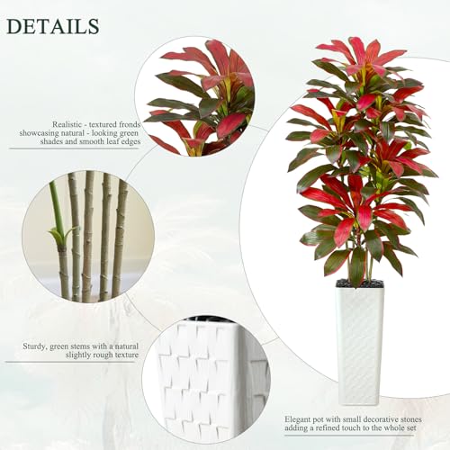 Image of Artificial Red Dracaena Tree Indoor, 7FT Tall Fake Floor Plants with White Planter & Pebbles, Faux Silk Yucca Tree for Home Office Living Room Bedroom Farmhouse Modern Outdoor Topiary Tree