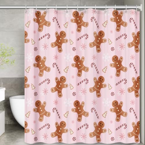 Christmas Shower Curtain Set: Pink Cute Gingerbread Man Candy Cane Bathroom Shower Curtain with Hooks Winter Merry Christmas Fabric Bath Shower Curtain for Bathroom Decorations Home Indoor Decor