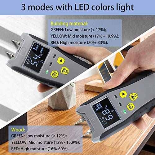 Digital Moisture Meter, Water Leak Detector, Moisture Tester, Pin Type, Backlit LCD Display With Audible and Visual High-Medium-Low Moisture Content Alerts - Thumbnail 4