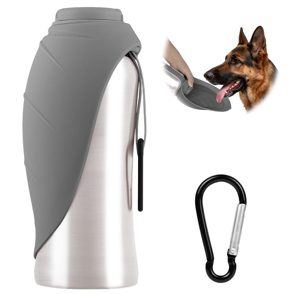 Tragbare Hunde Trinkflasche, 700 ML Isolierte Edelstahl Trinkflasche Für Hunde, Auslaufsichere Haustier Trinkflasche, Hunden Trinkflasche, Geeignet Für Spaziergänge, Wanderungen, Camping, Grau