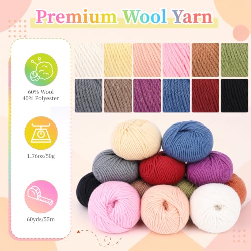 Image of Coopay Wool Yarn for Crocheting -12 Pack Wool Yarn for Knitting | 60% Wool 40% Polyester - 50g /1.76oz -#4 Worsted weight-60 Yds Colorful Crochet Wool Blend Yarn for Clothes, Scarves, Blankets