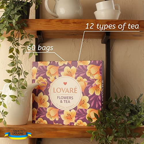 Tea Set By Lovare Made In Ukraine - Black And Green, Fruit, Peach Assorted Tea Samplers - Fancy Variety Of Tea Packets - Gift Box For Flavored Tea Lovers Men & Women - 60 Bags - 12 Tastes #TOP1