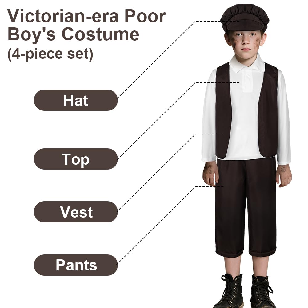 DiULi Children’s Victorian Boy 4 Piece Set Vest Hat Pants Shirt,himney Sweep Costume for Children,Boys Victorian Costume for World Book Day & School Play Outfit,Child Dress Up Costumes,L Dark Brown - Image 4