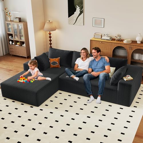Image of 96 inch Modular Sectional Couch, Boneless L Shaped Cloud Sofa with Chaise Lounge, Corduroy Upholstered Couches Memory Foam Deep Seat, No Assembly Required, Ideal for Living Room(Black, Left Facing)