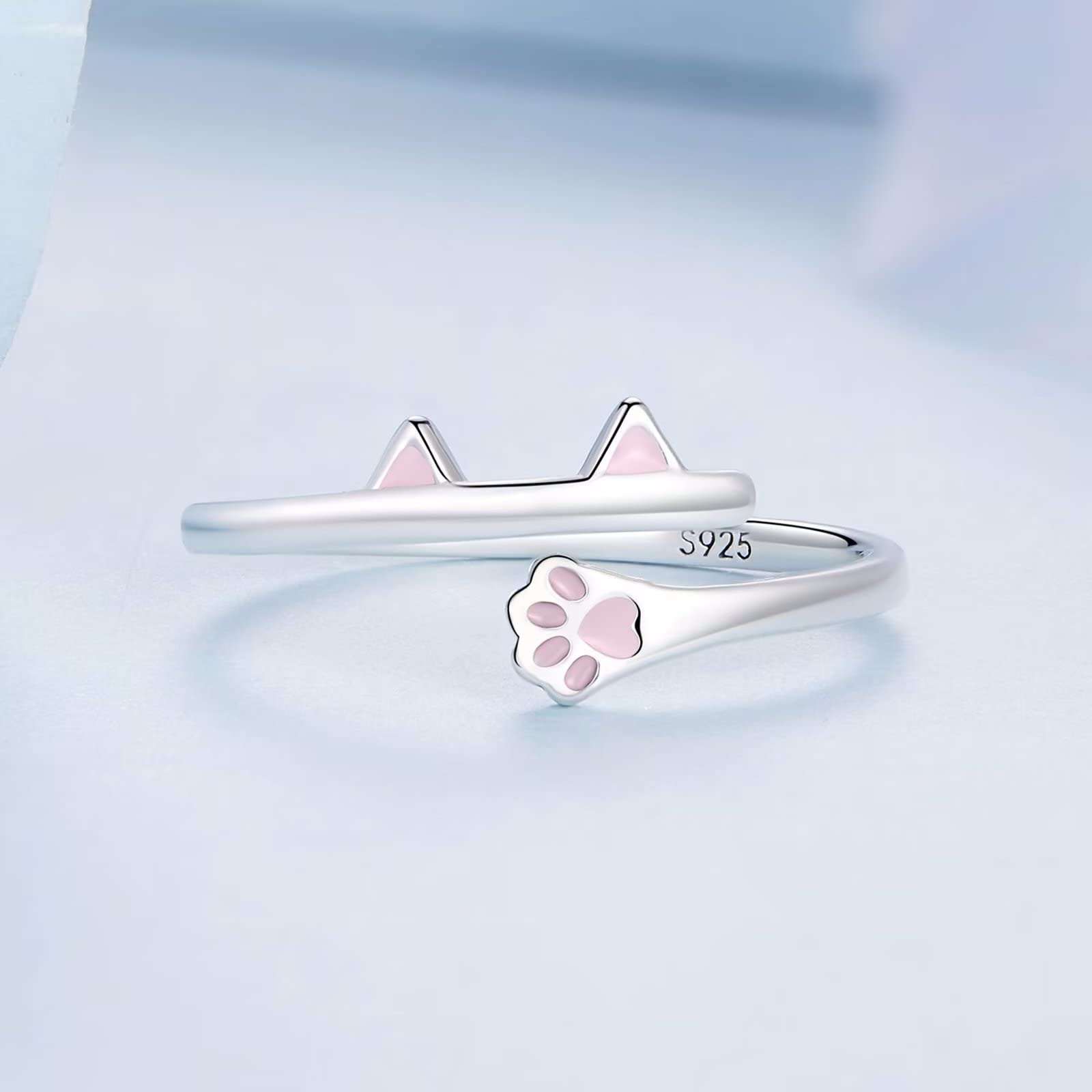 Qings Bague Réglable Chat 925 Sterling Rose émail Bague Animal Argent Simple Mignon Pet Kitty Empilable Déclaration Bagues Bijoux Mode Cadeaux pour Filles Femmes