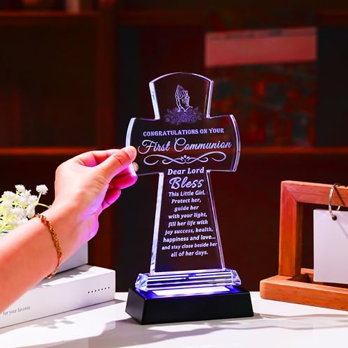 Image of Qianwei First Communion Gifts for Girls Boys, Crystal Cross Gift 3D Engraving Crystal Praying Girl Figurine First 1st Communion Veil Decoration, Baptism Gifts for Girls Catholic