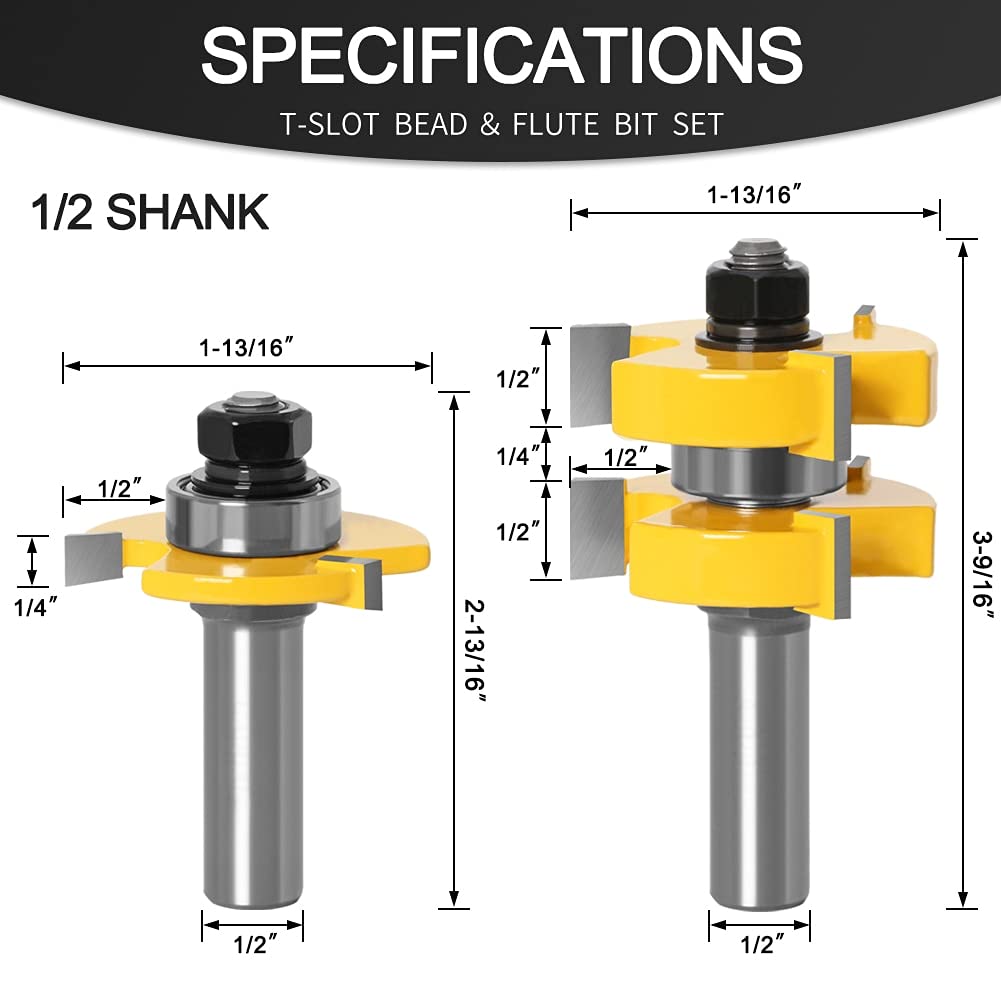 Bit Set di punte per fresatrice per binari e corni Fresa for pavimenti con linguetta e scanalatura a 2 punte, codolo da 1/2" Set di punte for fresatrice con linguetta e scanalatura con gambo da 12 mm