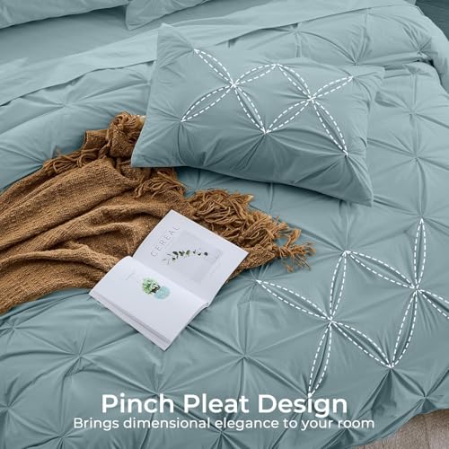 Image of Sasttie King Size Comforter Set, 7-Piece Bed in a Bag, Pintuck Bedding Sets for All Season, Includes Comforter, Flat Sheet, Fitted Sheet, Pillowcases and Pillowshams, Greylish Blue