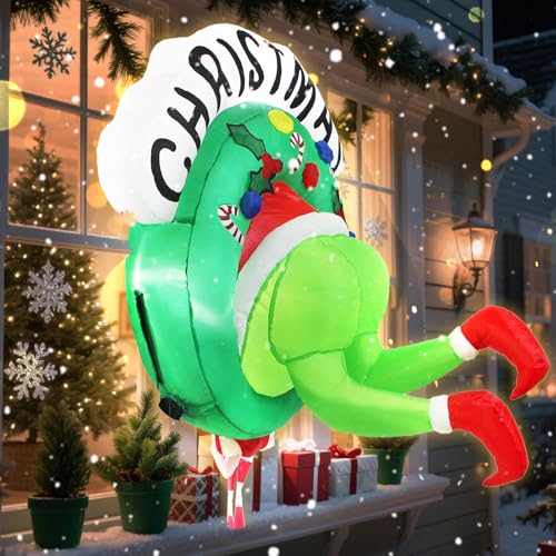 LETIME 3.5FT Christmas Inflatable Outdoor Decoration Green Ugly Monster Wreath Christmas Window Inflatable with Built-in LED Lights for Holiday Xmas Window Yard Decor