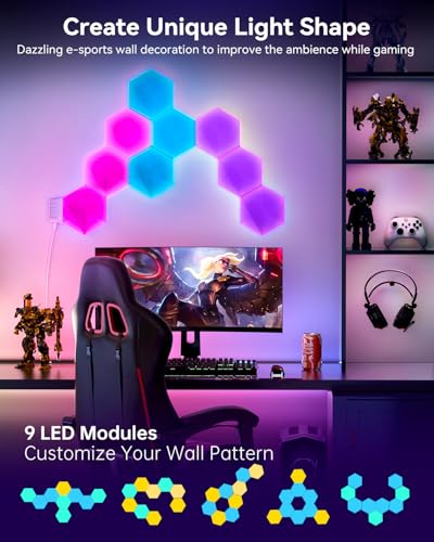 Upgraded-RGBIC-Hexagon-LED-Lights-Glide-Hex-Light-Panels-Smart-Modular-Hex-Tiles-Gaming-Decor-DIY-Wall-Lighting-for-Christmas-Decor-with-Music-Sync-Remote-APP-Control-Voice-Control9-Pack