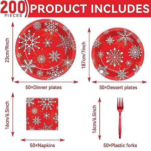 Image of ZOIIWA 200 PCS Christmas Theme Party Tableware Disposable Merry Christmas Party Supplies Dinnerware Set Xmas napkins Snowflakes Paper Plates Bulk Christmas Dinnerware Party Decoration Serve 50 guest