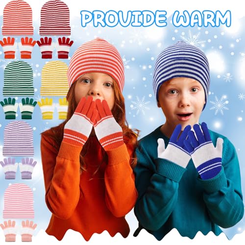 Image of Xtinmee 100 Pcs Kids Winter Beanie and Gloves Bulk Warm Knit Hat Stretchy Full Fingers Gloves Pack Unisex Cold Weather Set
